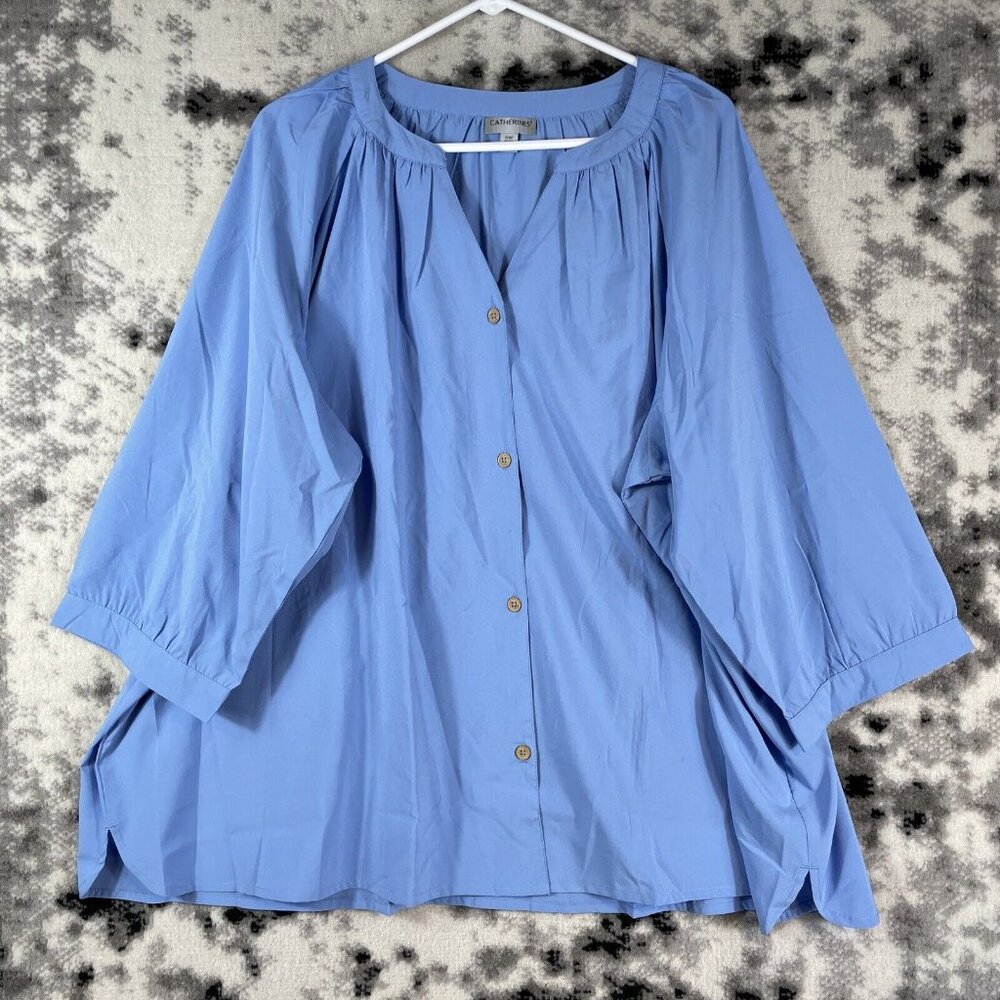 Catherines Blouse Womens Size 3XWP Blue Button Up Poly Stretch Wide Sleeve